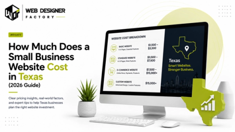 Desktop monitor showing a website cost breakdown table beside a Texas outline graphic