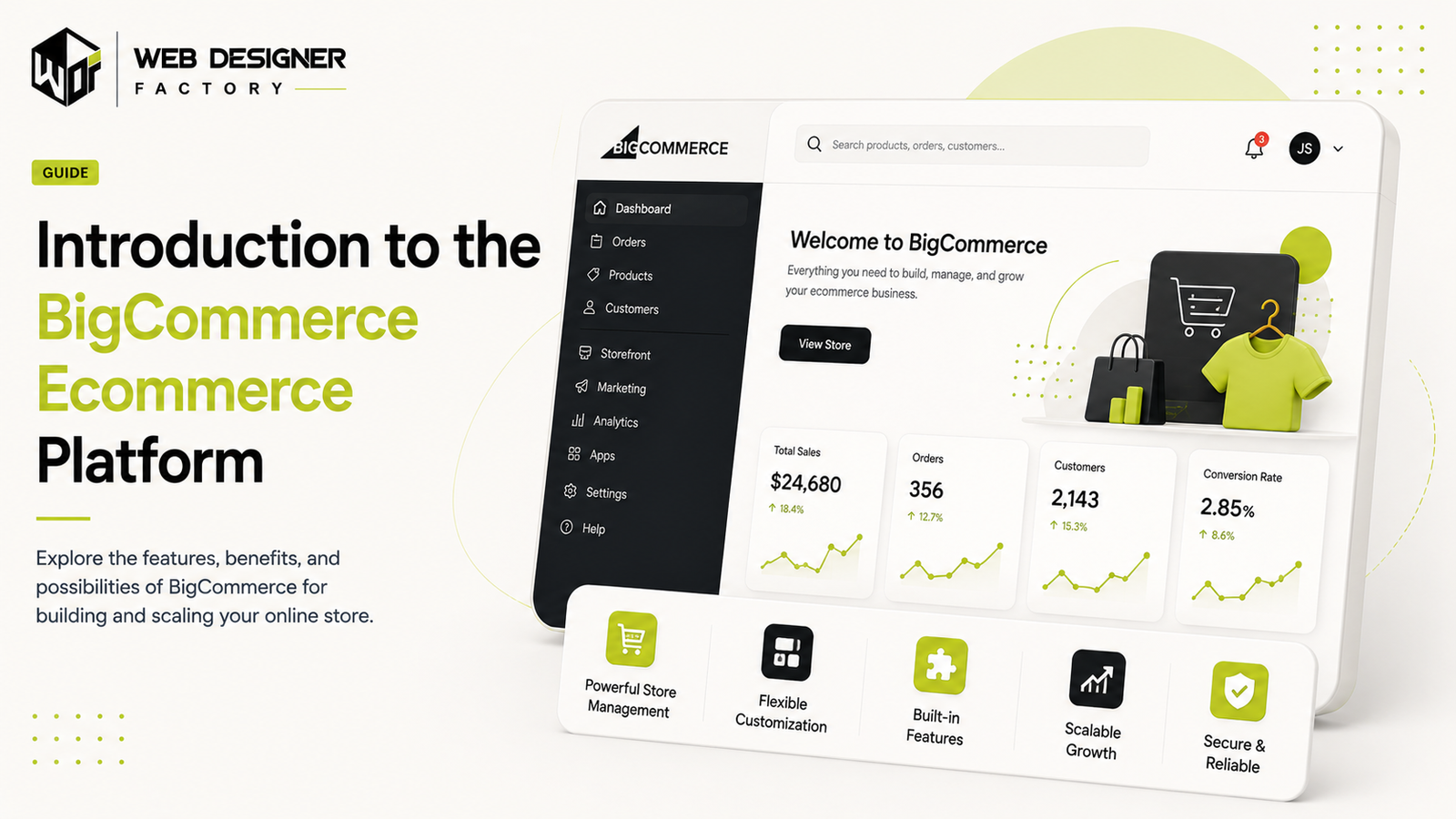 Mockup of a BigCommerce store dashboard with sales and order metrics
