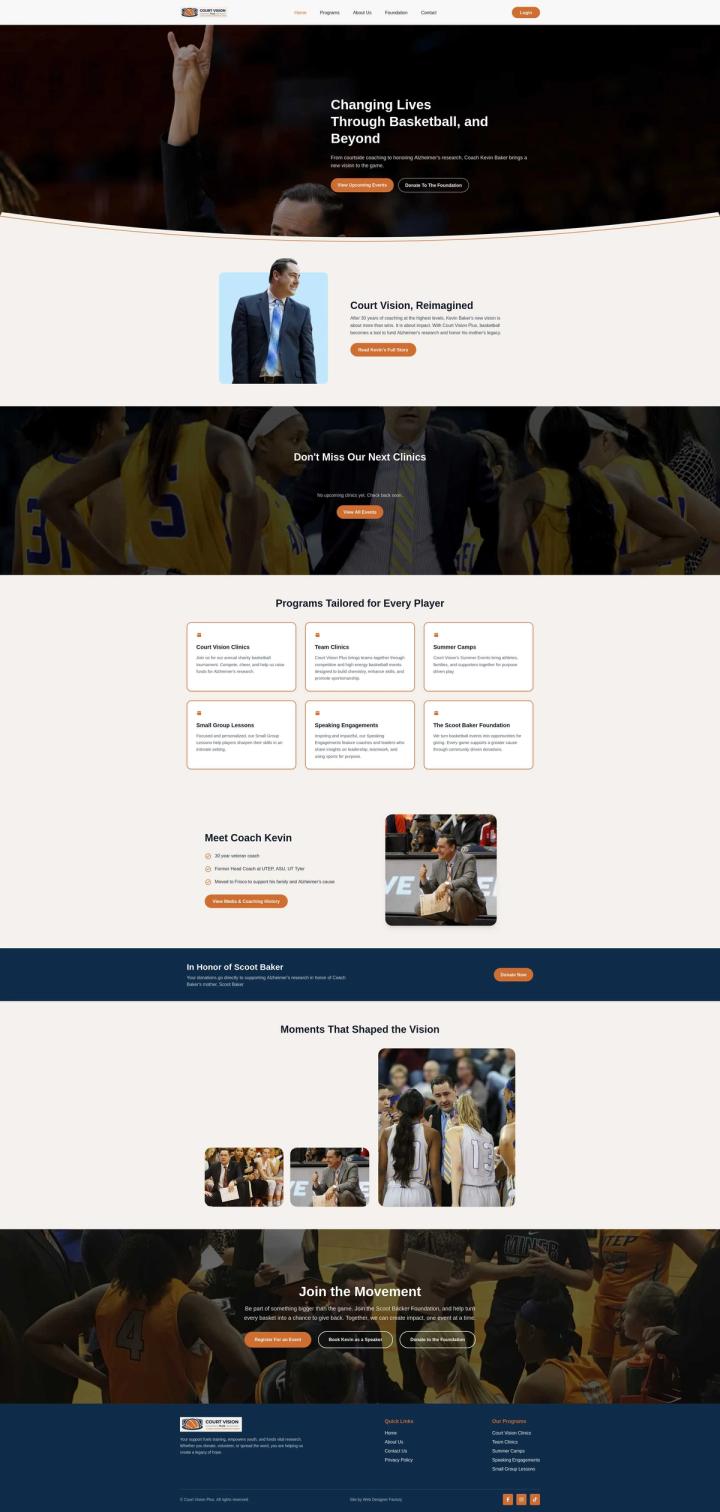 Court Vision Plus homepage, showing Coach Kevin Baker's coaching programs, clinics and a nonprofit donation module