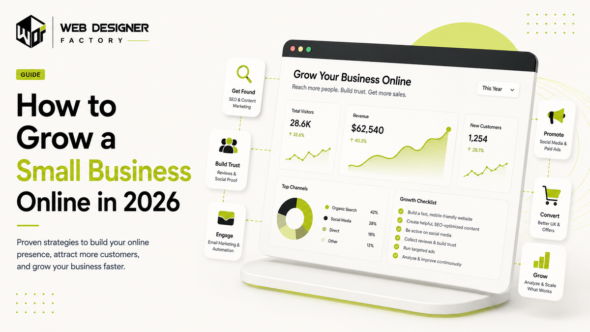 Laptop mockup of a business growth dashboard with visitor, revenue and channel metrics