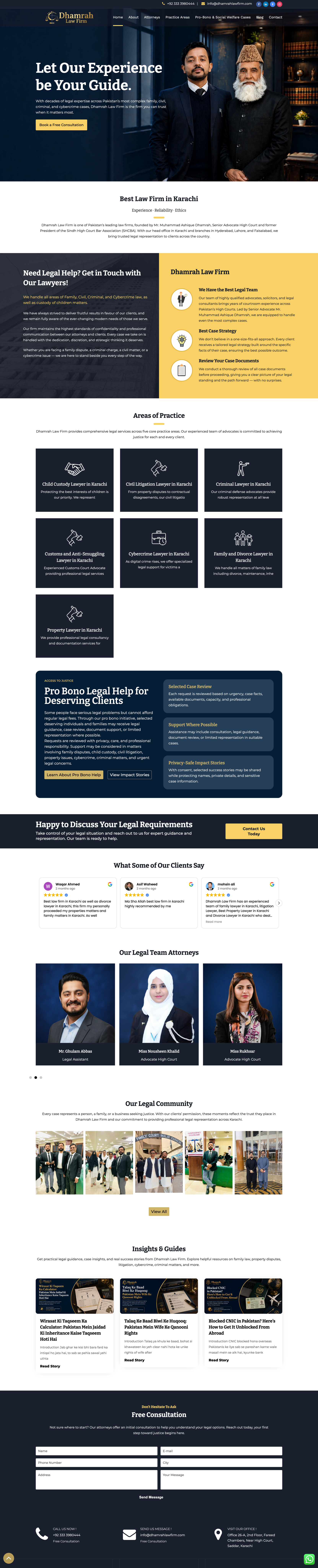 Dhamrah Law Firm homepage showing its legal team, practice areas, client reviews, attorneys, community work, insights, and consultation form