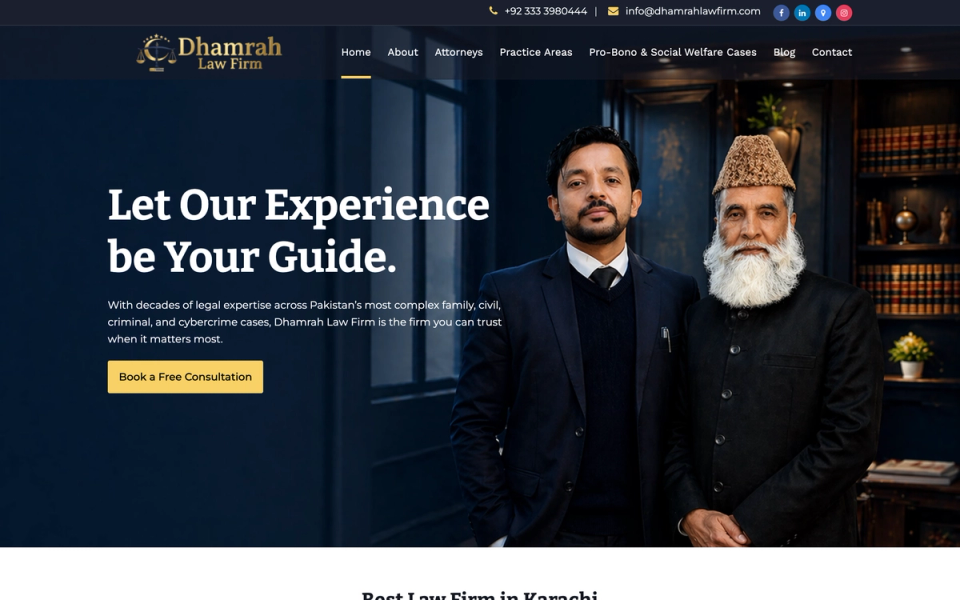 Dhamrah Law Firm homepage showing its legal team, practice areas, client reviews, attorneys, community work, insights, and consultation form