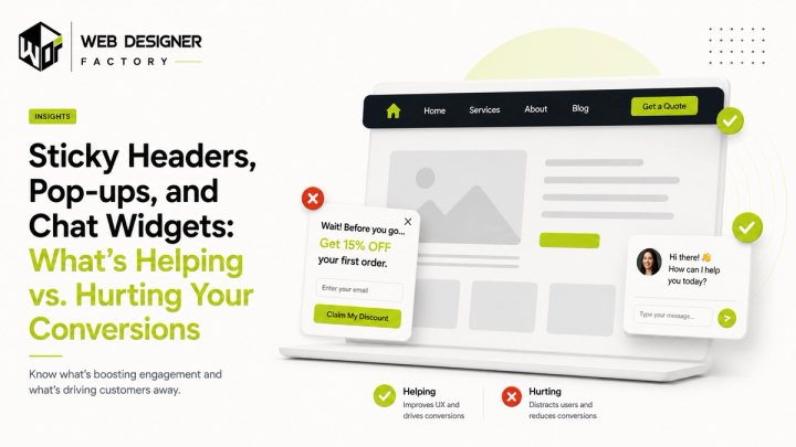 Website mockup with a sticky header, exit-intent discount pop-up and chat widget
