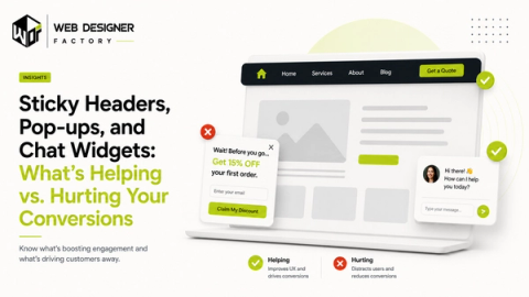 Website mockup with a sticky header, exit-intent discount pop-up and chat widget