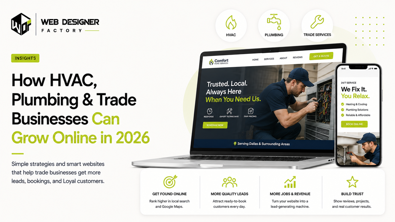 Laptop and phone mockups of a home services website beside a technician servicing an HVAC unit