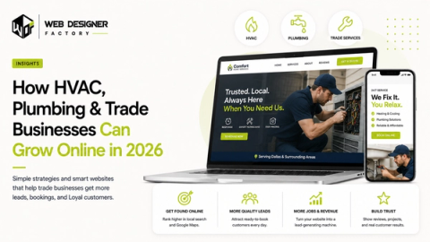 Laptop and phone mockups of a home services website beside a technician servicing an HVAC unit