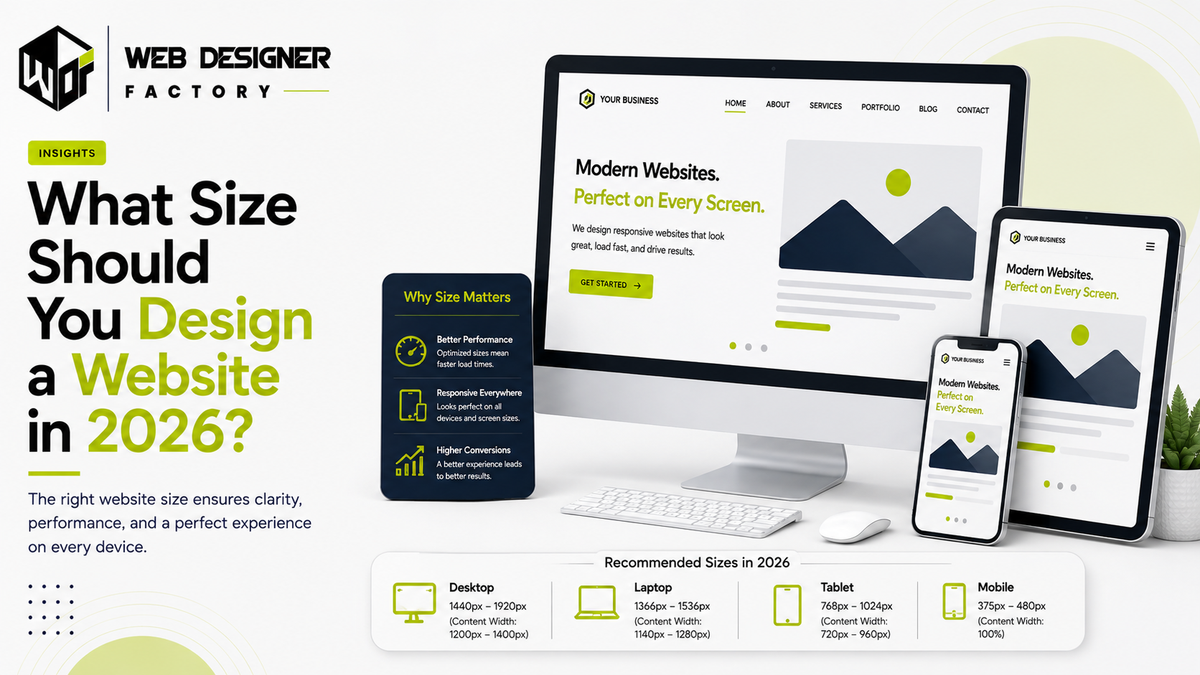 Desktop, tablet and phone mockups of a responsive website beside recommended screen sizes for 2026