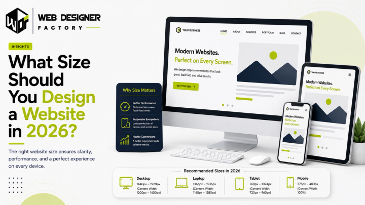 Desktop, tablet and phone mockups of a responsive website beside recommended screen sizes for 2026