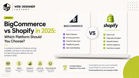 Side-by-side comparison cards of BigCommerce and Shopify features