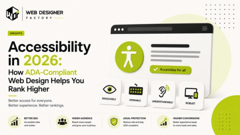 Browser mockup with an accessibility icon and WCAG principle icons for perceivable, operable, understandable and robust