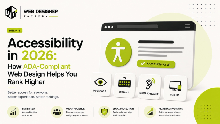 Browser mockup with an accessibility icon and WCAG principle icons for perceivable, operable, understandable and robust