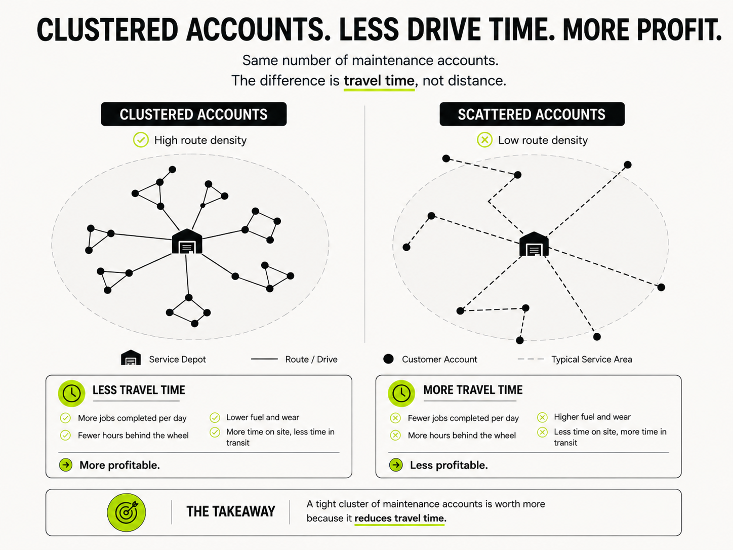 Comparison diagram of clustered versus scattered landscaping maintenance accounts, showing how route density affects travel time and profitability
