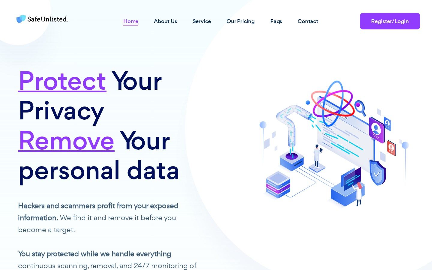Safe Unlisted homepage hero: "Protect Your Privacy, Remove Your personal data" with a data-security illustration.