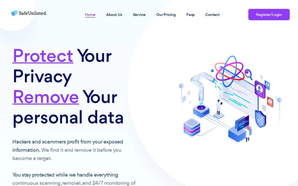 Safe Unlisted homepage hero: "Protect Your Privacy, Remove Your personal data" with a data-security illustration.