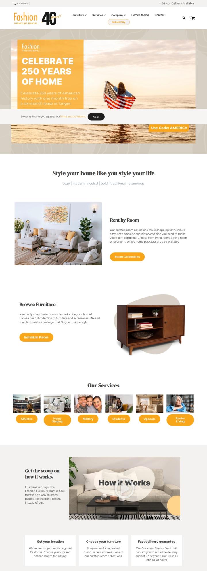 Fashion Furniture's rental homepage, showing the 40th-anniversary hero banner, room-collection and browse-by-category options, and the audience-segment strip (athletes, military, students, senior living)