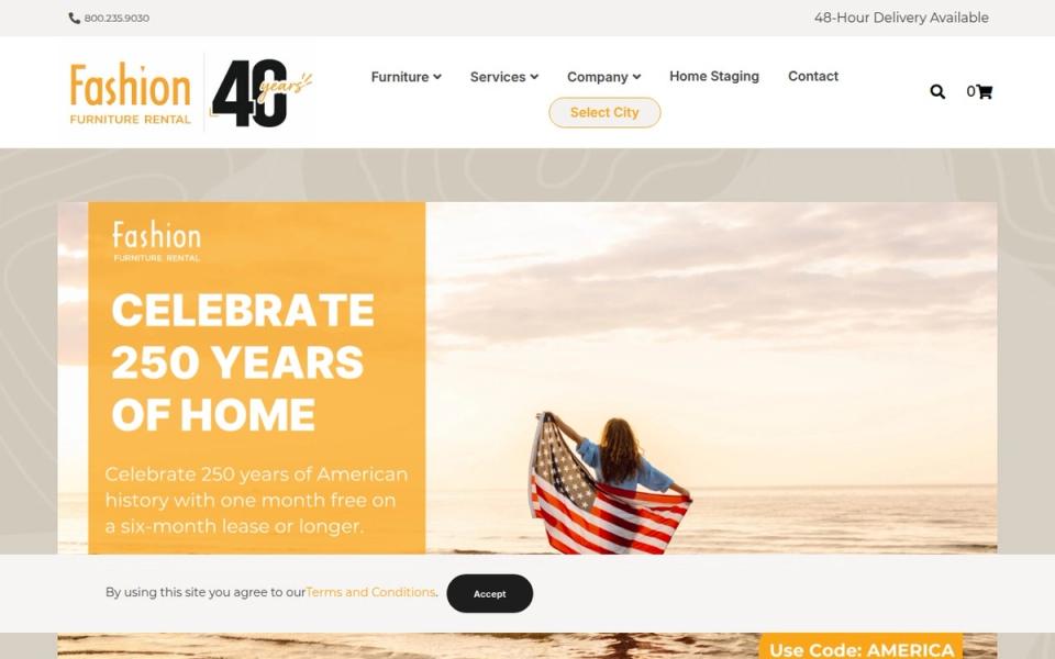 Fashion Furniture's rental homepage with room collections, furniture categories, and customer rental options