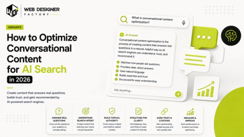 Illustration of an AI search result answering a question about conversational content optimization with a best-practices checklist