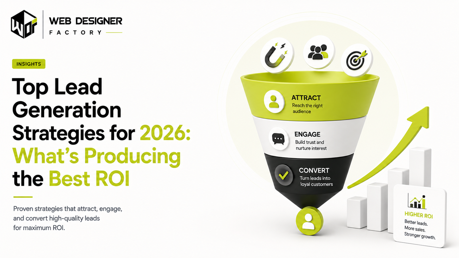3D funnel illustration showing the attract, engage and convert stages of lead generation