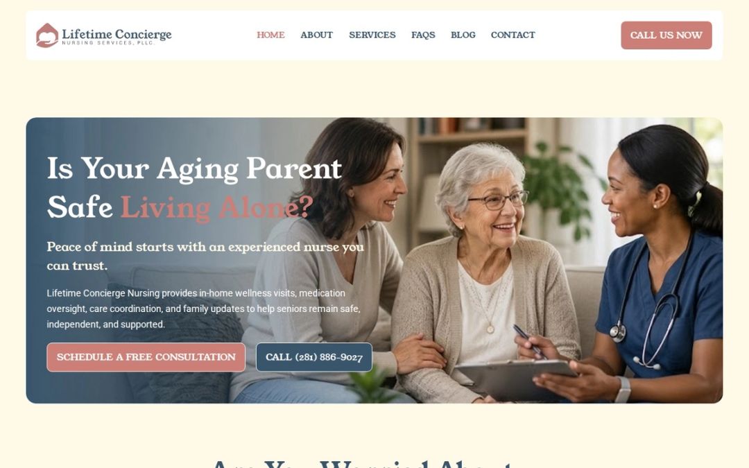 Lifetime Concierge Nursing's homepage for private in-home nursing oversight for aging parents, with a comparison table against traditional home health