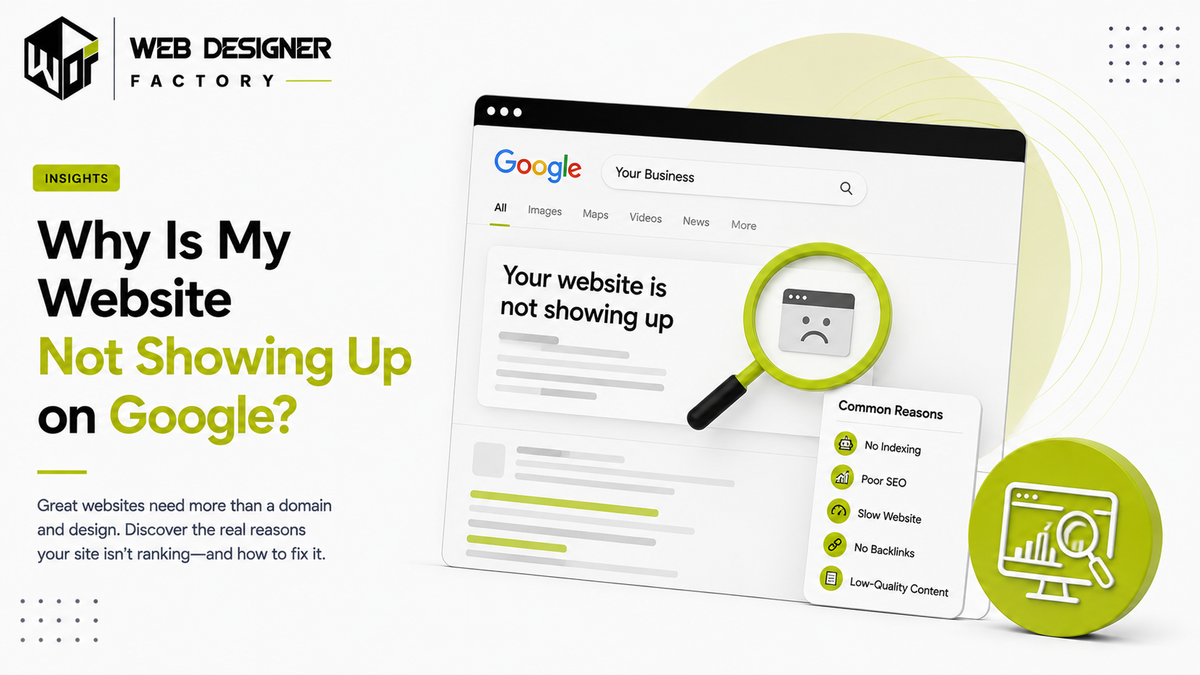 Browser mockup of a Google search result showing a website not showing up, with a list of common reasons