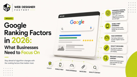 Browser mockup of a Google search result with icons for E-E-A-T, mobile-first, page experience, backlinks and content quality