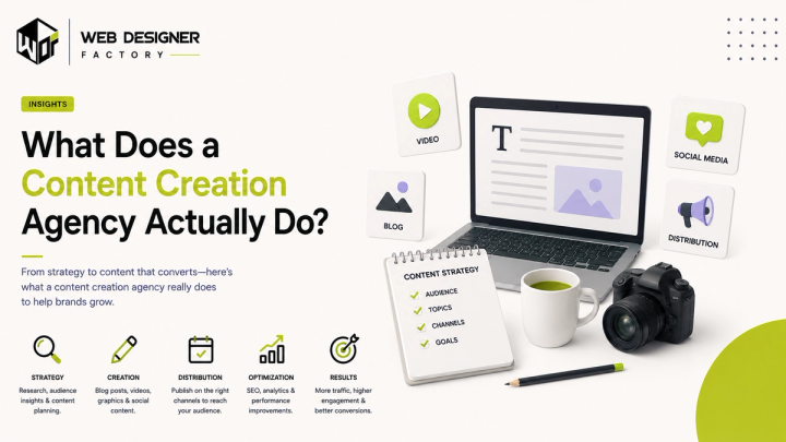 Illustration of content creation tools -- video, blog, social and distribution icons around a laptop and notepad checklist