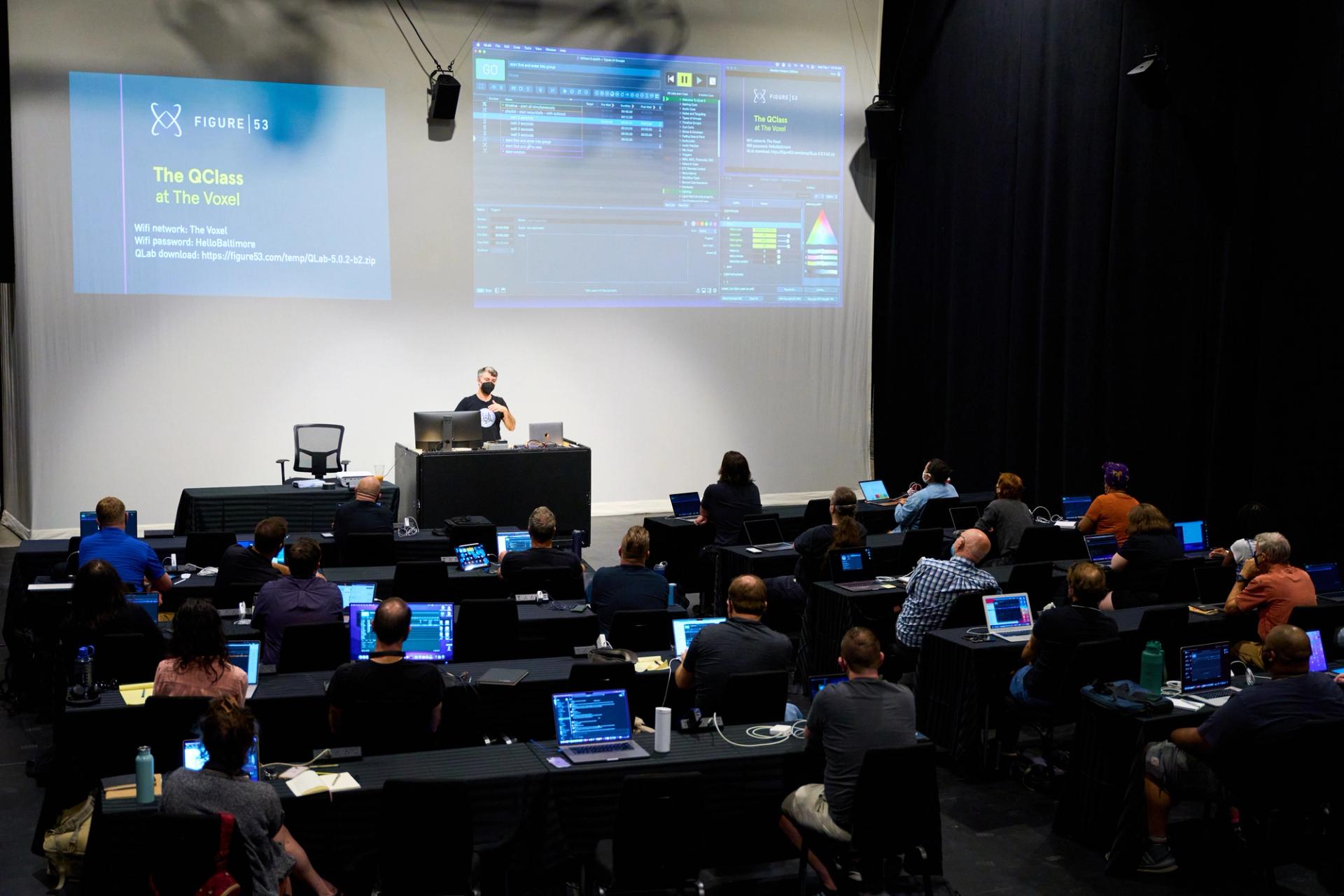 Sam Kusnetz teaching the QLab 5 QClass