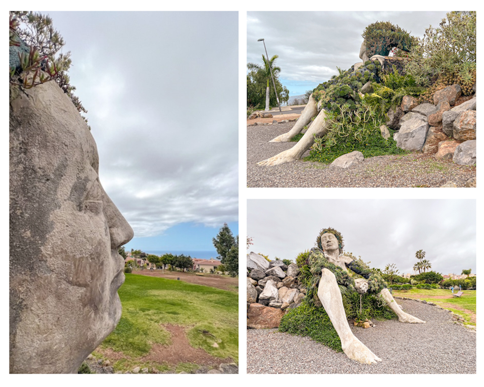 Collage de tres vistas de La Giganta: el perfil de su cara con plantas crasas en la cabeza, y la figura recostada vista desde los pies y de frente.