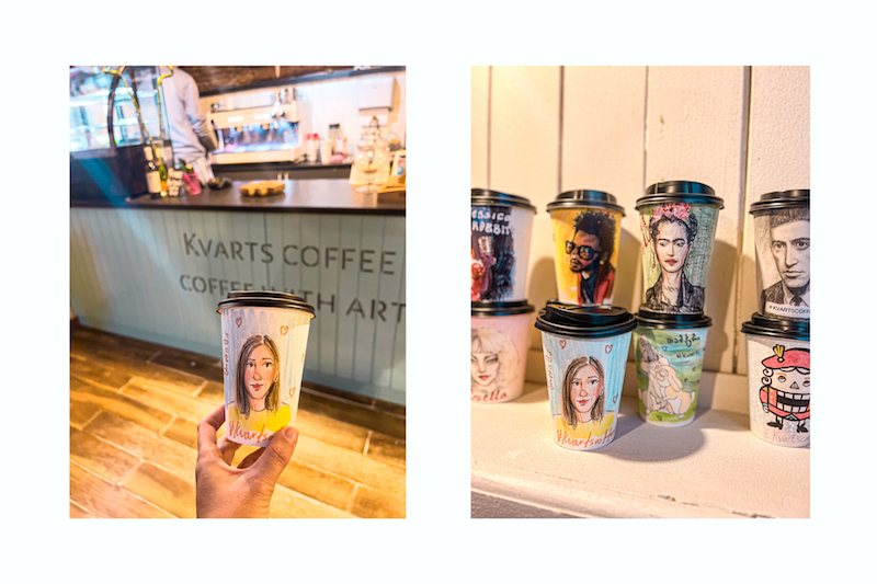 Mi retrato en taza de café en Kvarts Coffee, Tiflis