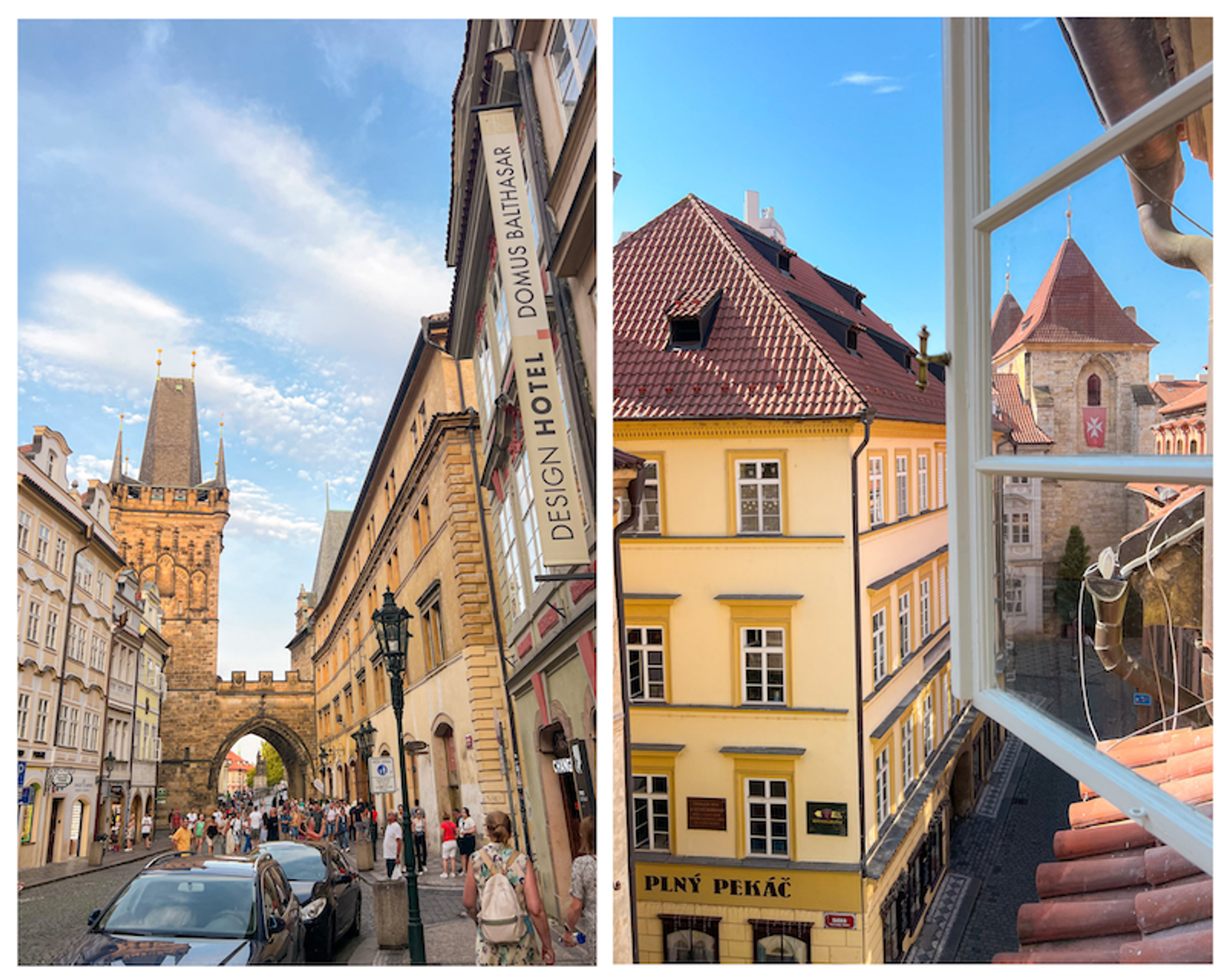 Vista de la entrada y desde nuestra habitación en el Domus Balthasar Boutique Hotel en Praga