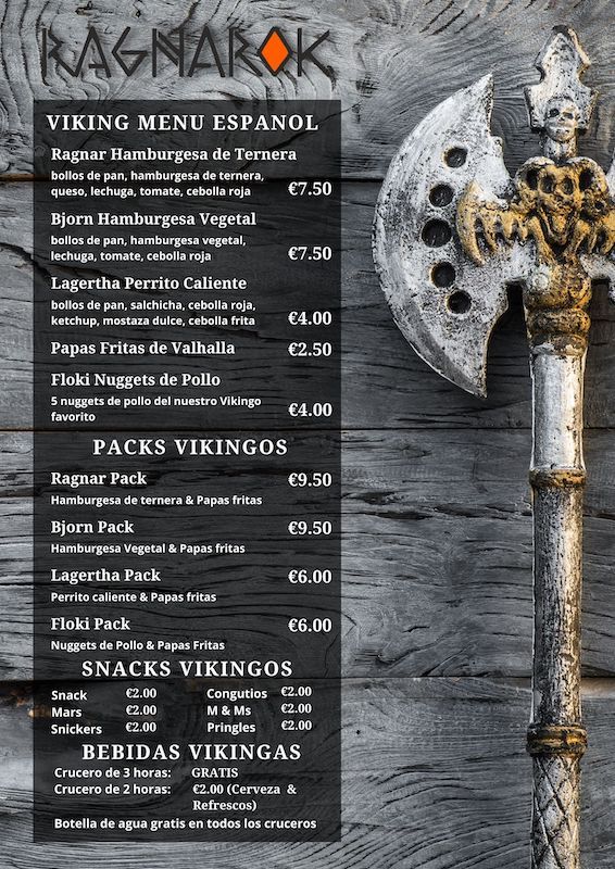 Menú del barco vikingo Ragnarok