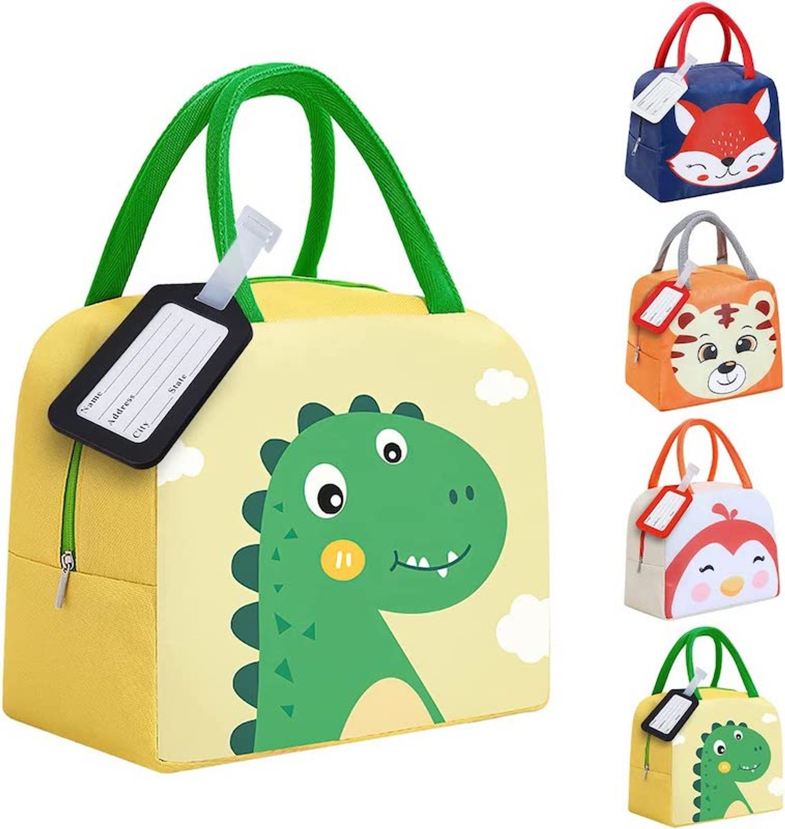 Bolsa picnic nevera de dinosaurios con etiqueta de nombre 