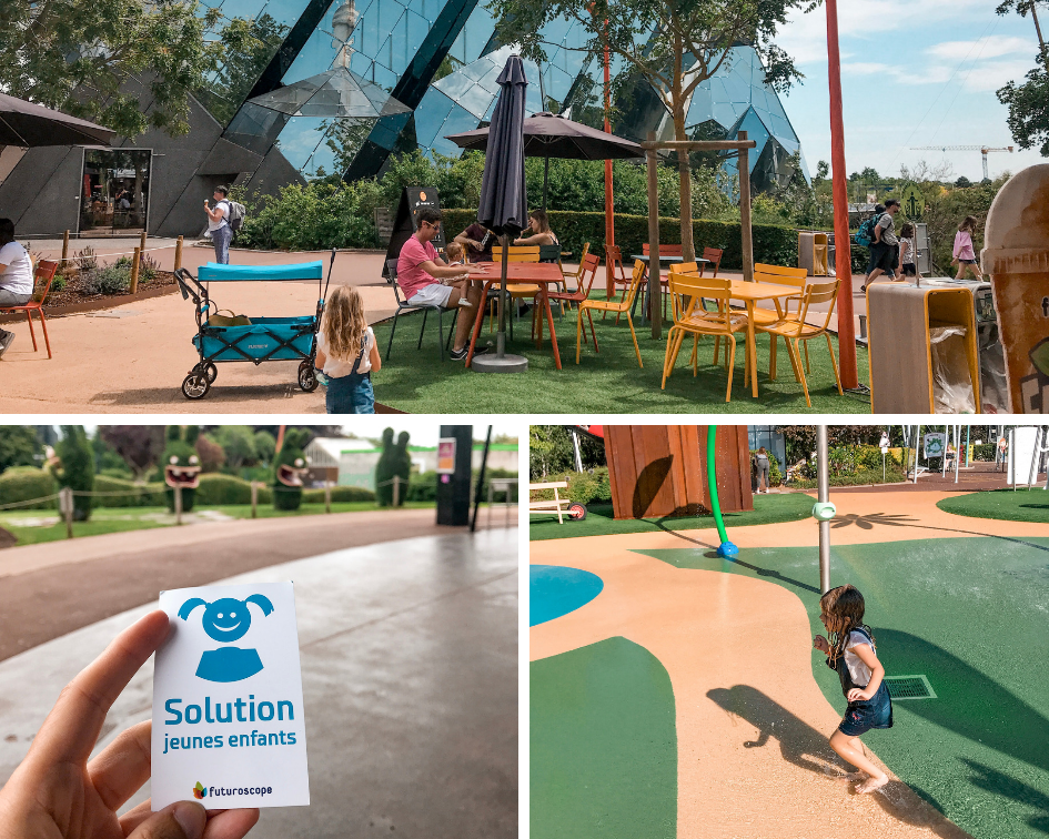 Terrazas bonitas donde comer dentro de Futuroscope. Pase Jeunes Enfants, para que los padres no tengamos que hacer doble cola. Actividades con agua para los más peques en Futuropolis, la ciudad de los niños.