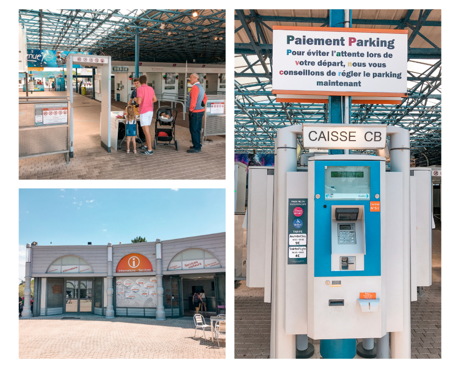 Control de seguridad al parque. Cajero para pagar el parking. Punto de información donde alquilar traductores, sillitas de bebé, sillas de ruedas, consigna, etc.