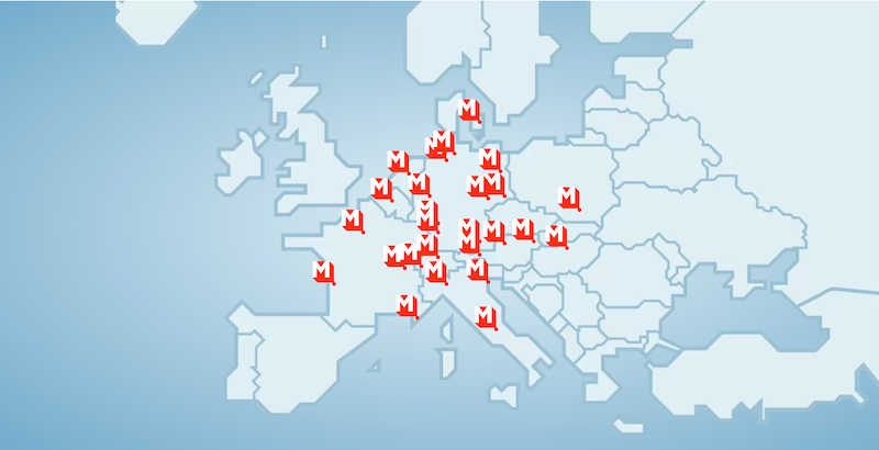 Mapa de los Hoteles Meininger en Europa