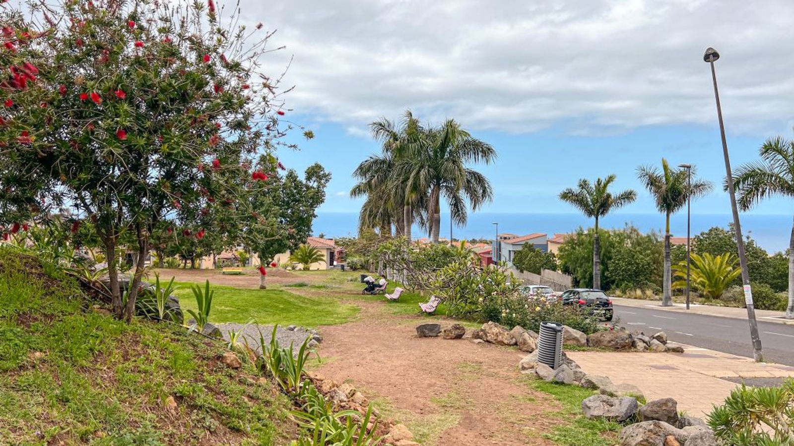 El parque Jardín Social La Quinta, con un árbol de flores rojas, palmeras y el mar al fondo.
