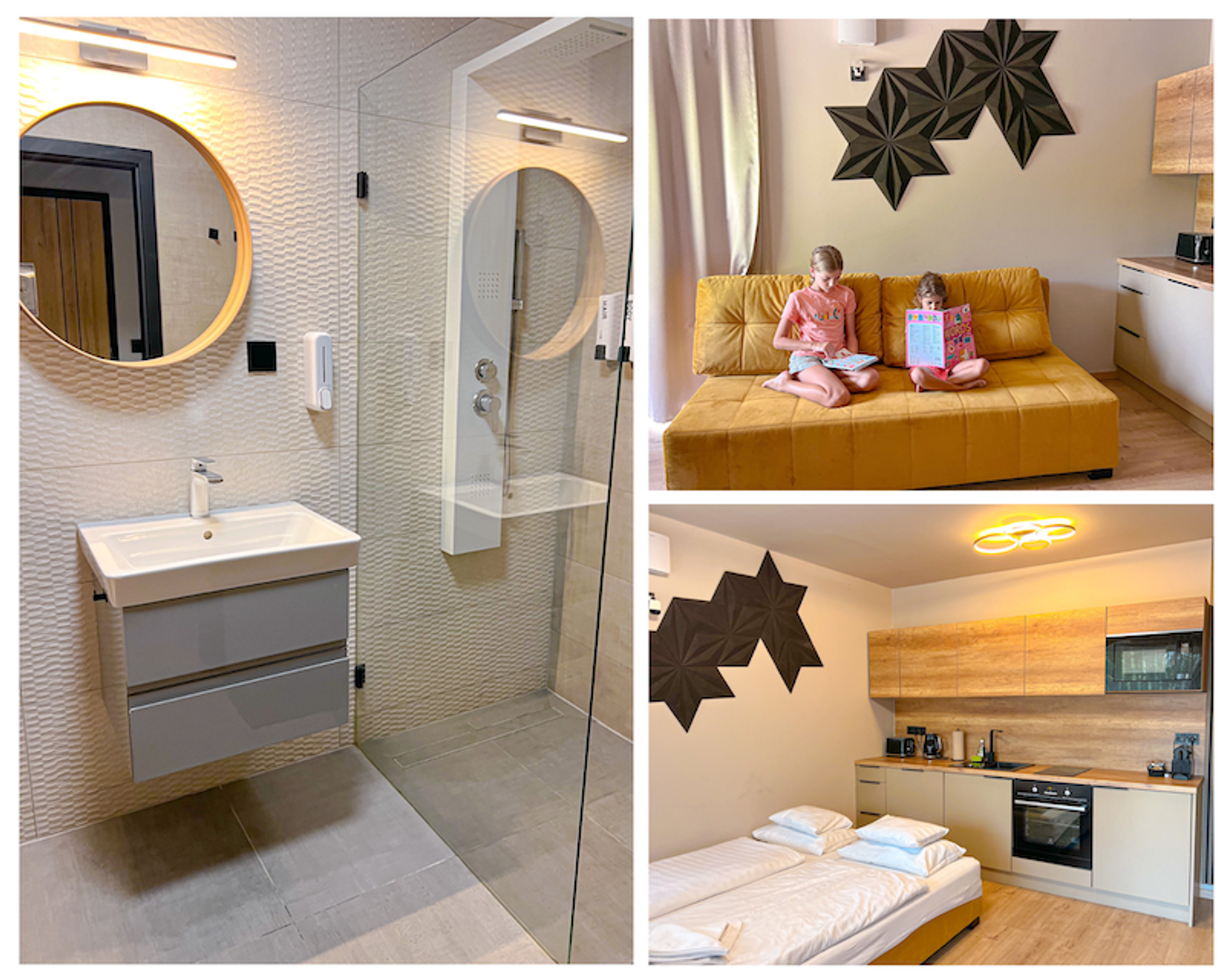 Baño y salón-comedor en Optimus Residence