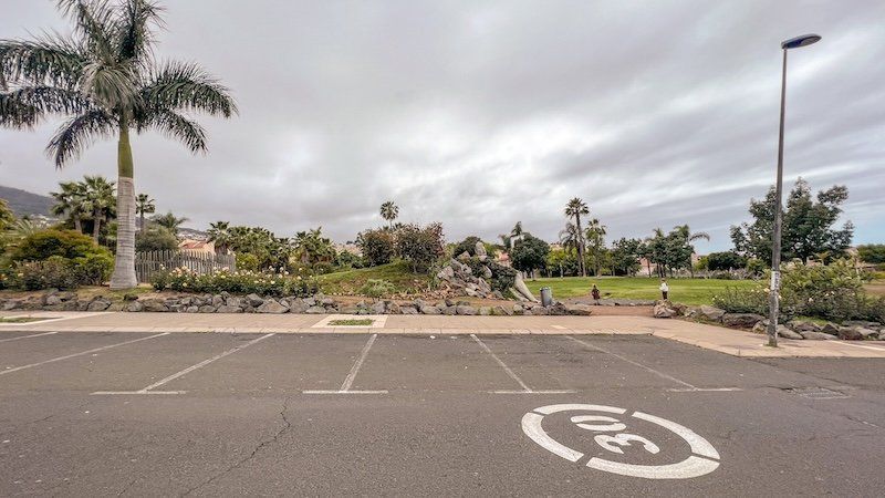 Plazas de aparcamiento libres junto al parque, con las rocas del jardín y las palmeras al fondo.