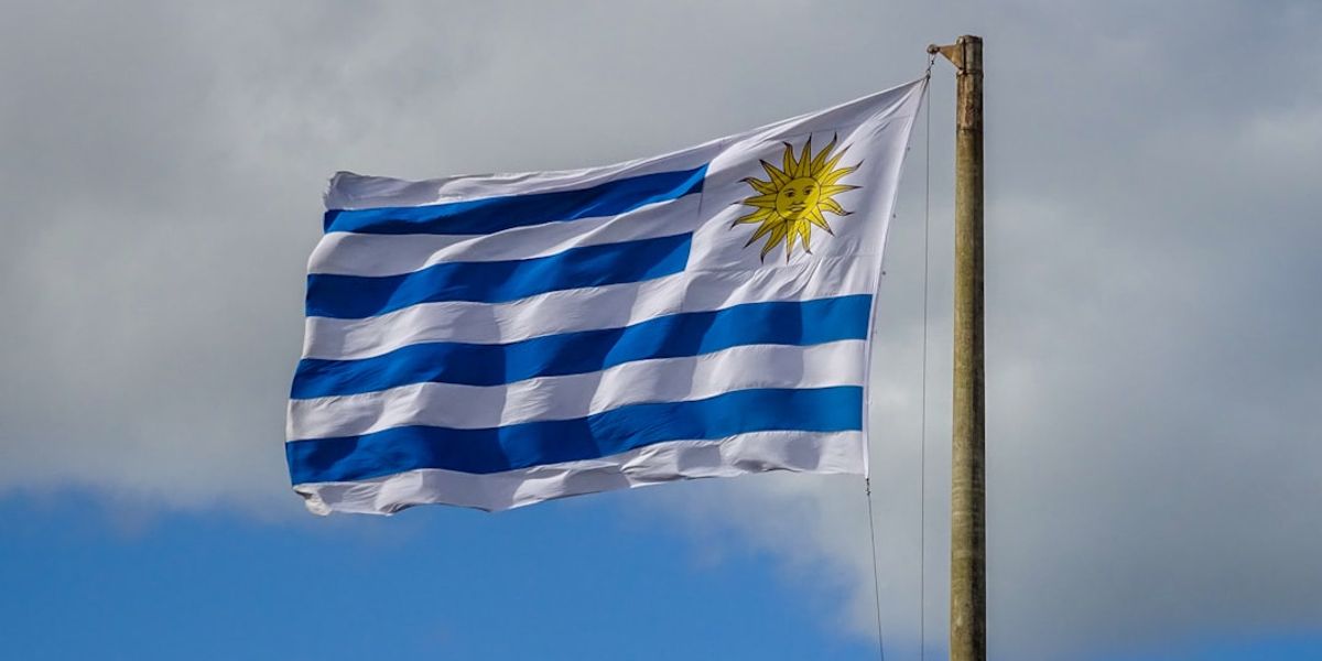 Uruguayan flag waving against a blue sky.