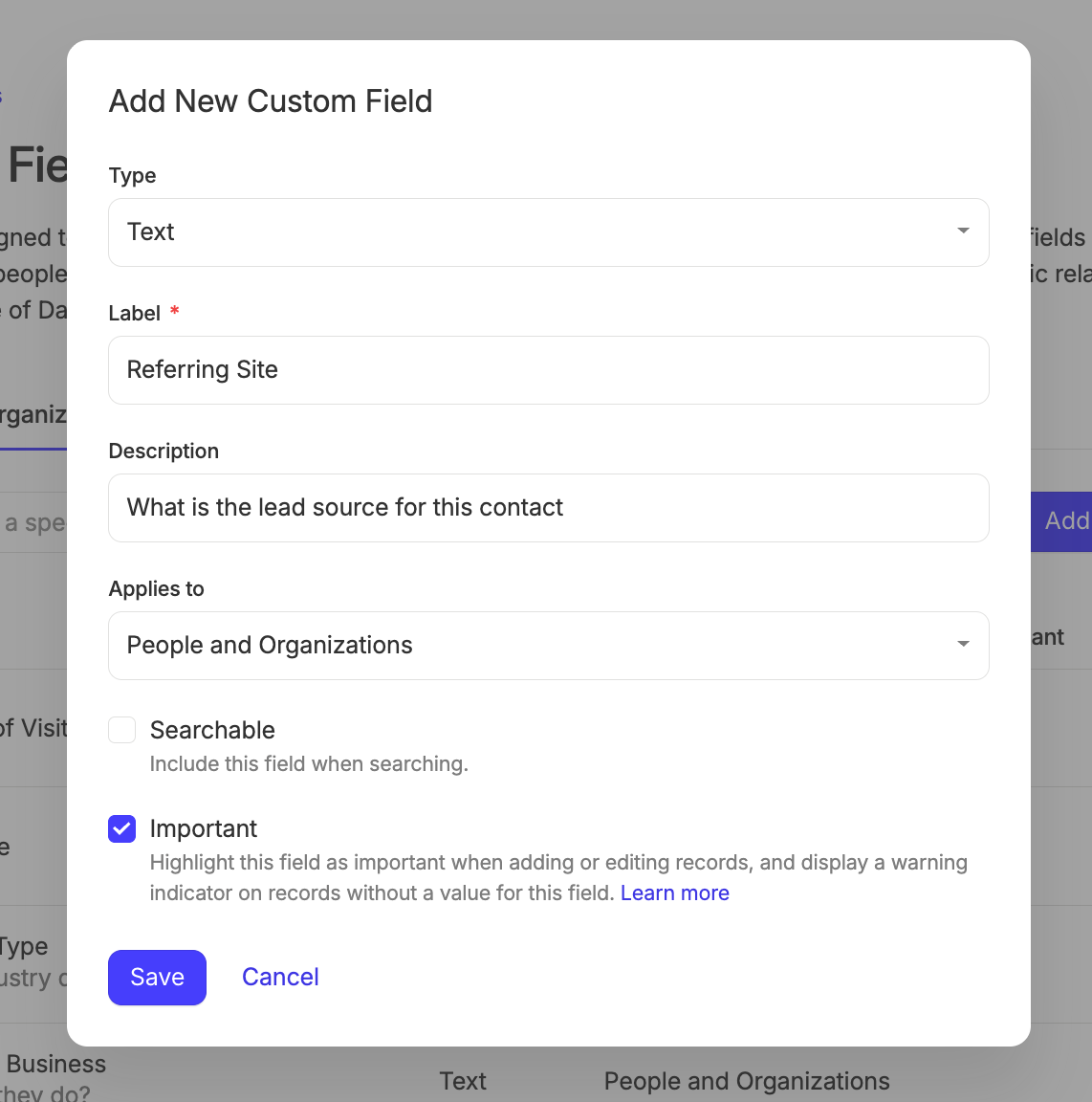 option to add important fields in account settings