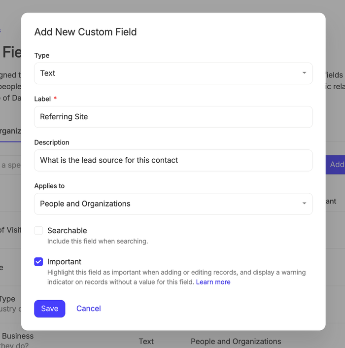 option to add important fields in account settings