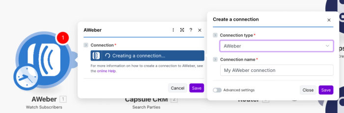 aweber connection type and name fields in make scenario