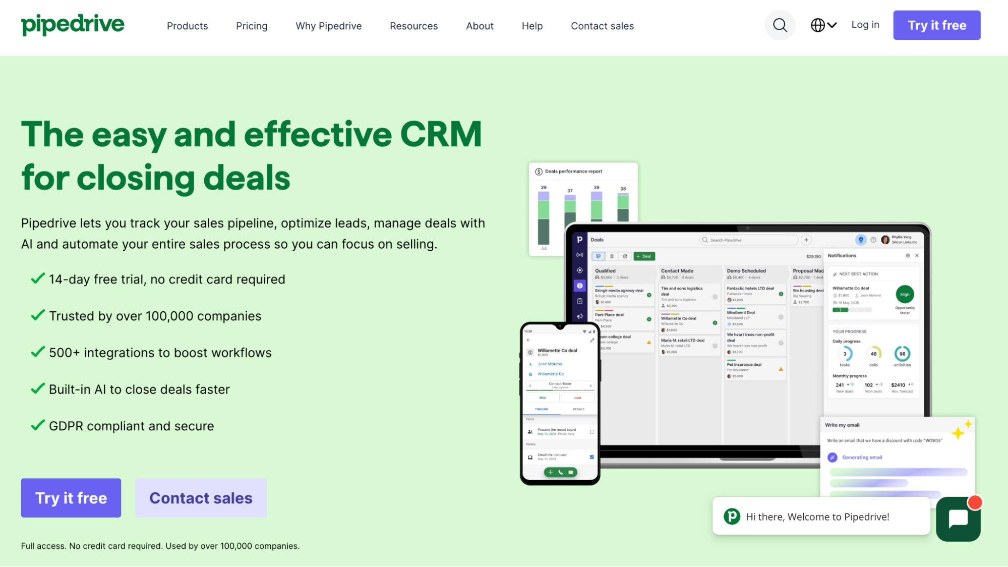 Pipedrive CRM homepage showing its software interface on a laptop and mobile, with the headline "The easy and effective CRM for closing deals."