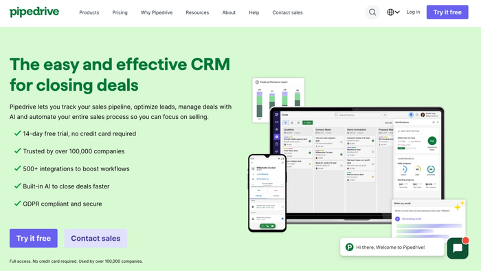 Pipedrive CRM homepage featuring "The easy and effective CRM for closing deals" headline and the product interface displayed on a laptop and phone.