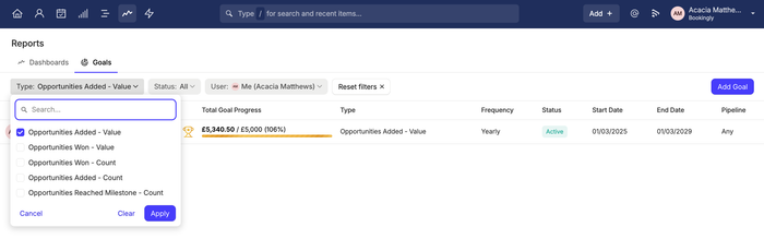 showing goals list view filtered by type