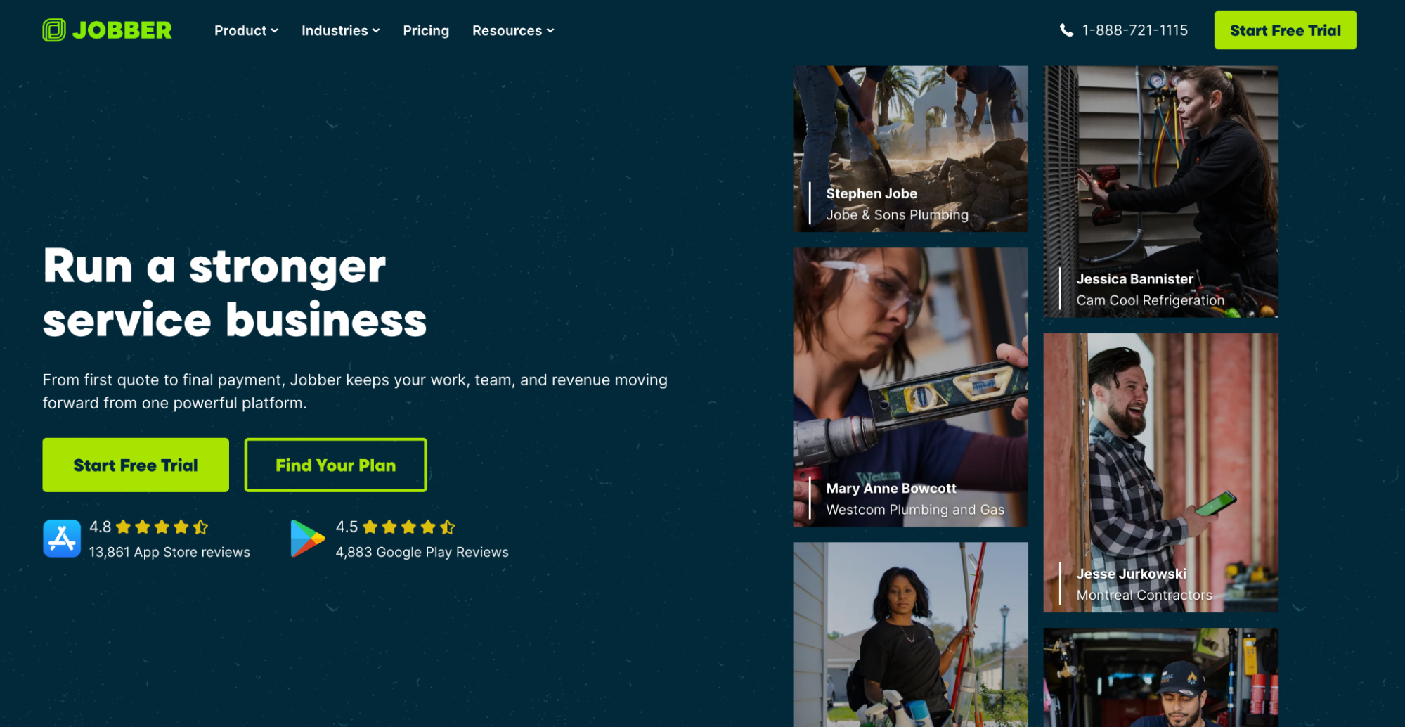 Jobber website homepage with the slogan "Run a stronger service business" and photos of various service industry workers.