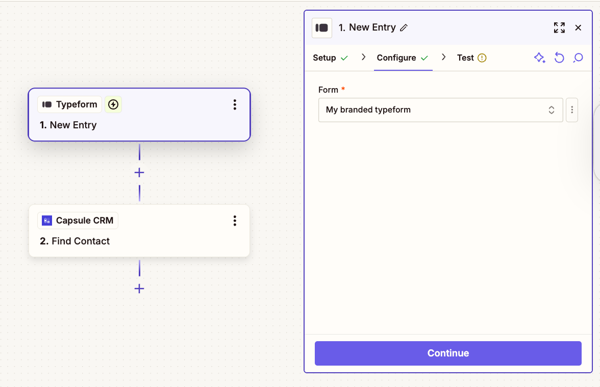 Trigger in zapier for a new typeform with example form selected