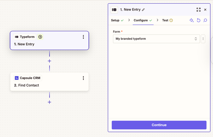 Déclencheur dans Zapier pour un nouveau Typeform avec le formulaire d'exemple sélectionné
