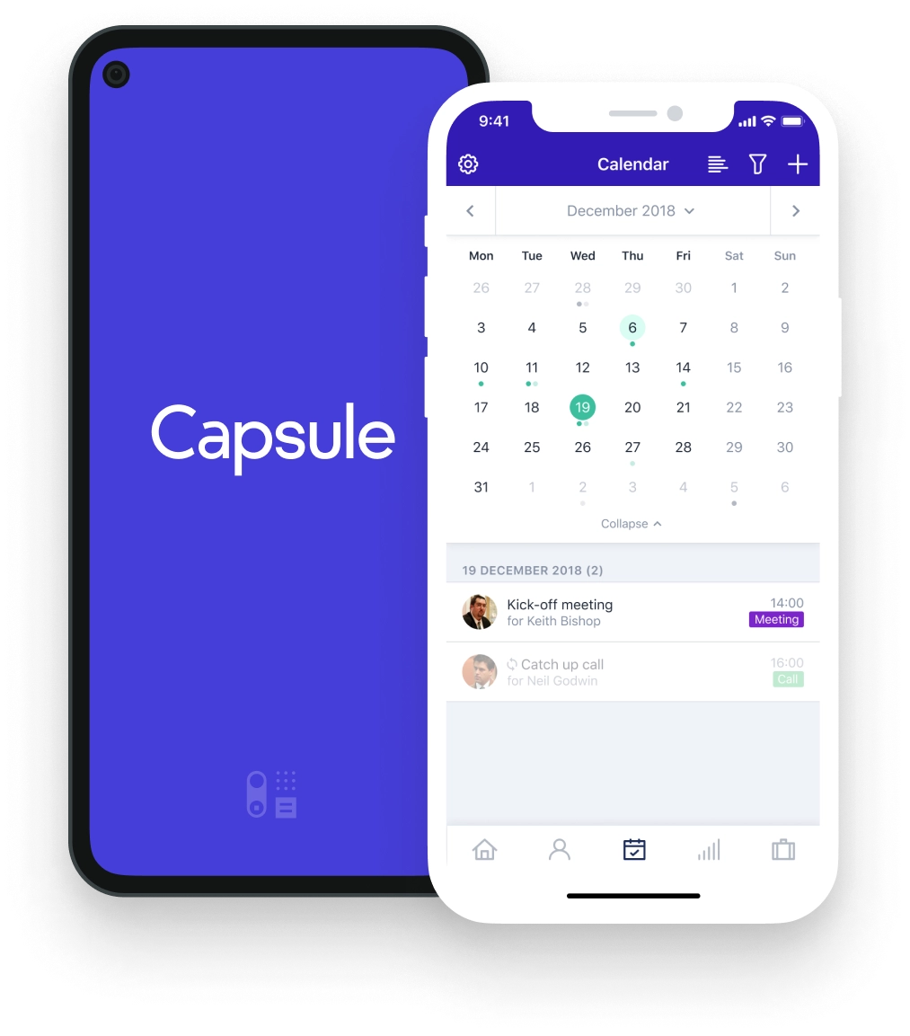  Capsule CRM mobile app interface showing a calendar view with scheduled meetings and a purple-branded welcome screen.