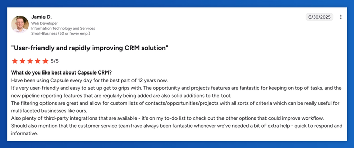 a review of capsule crm by jamie d.